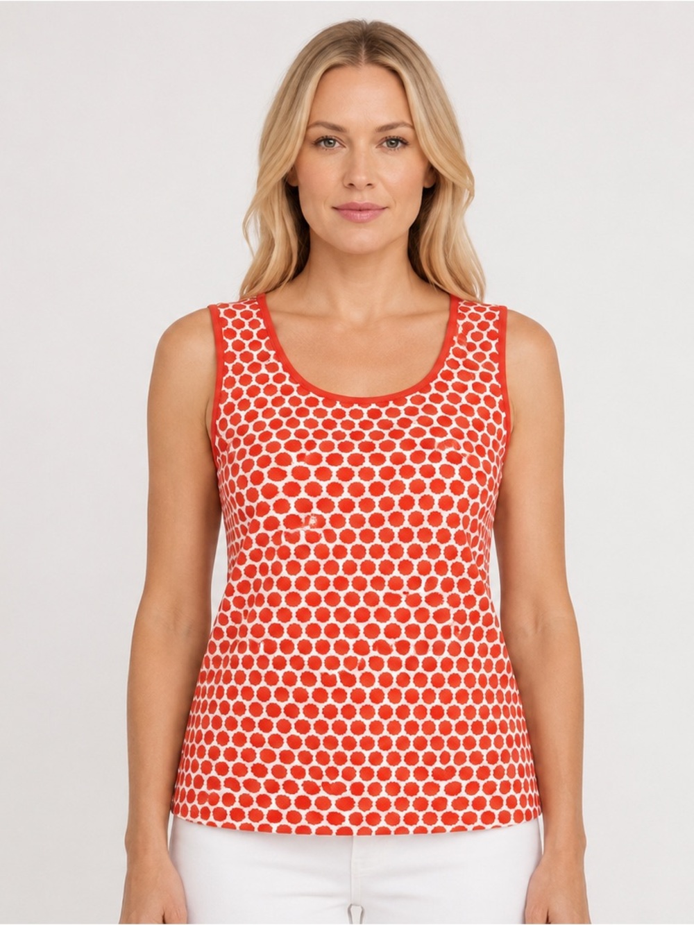 Lands' End Floral Polka Dot Coral Orange & White Tank Top Size Large (14-16)
